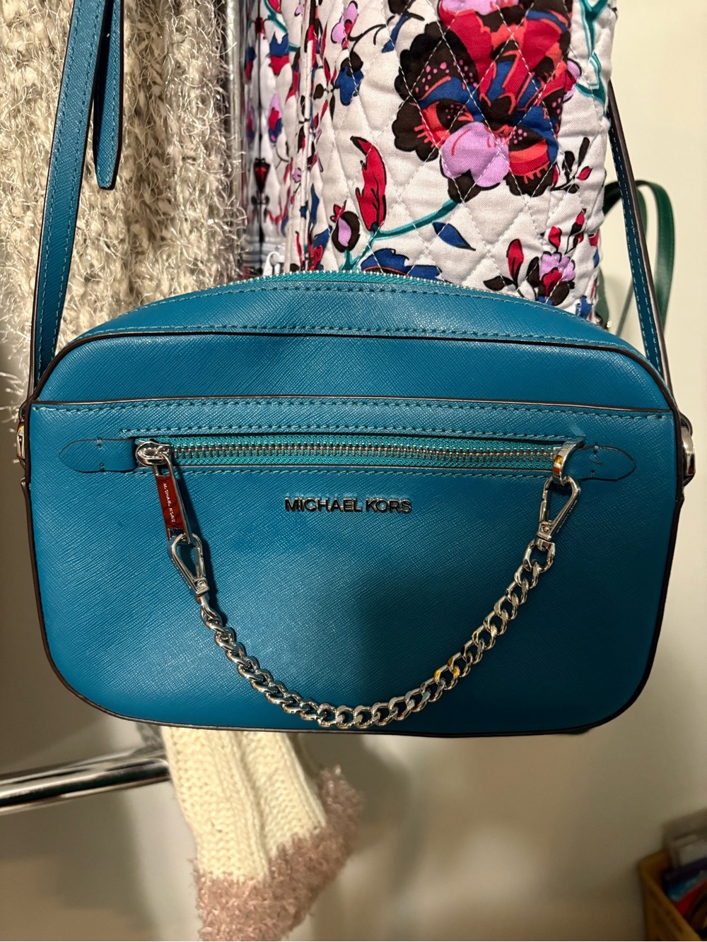 Michael Kors Turquoise Saffiano Leather Crossbody with Silver Chain